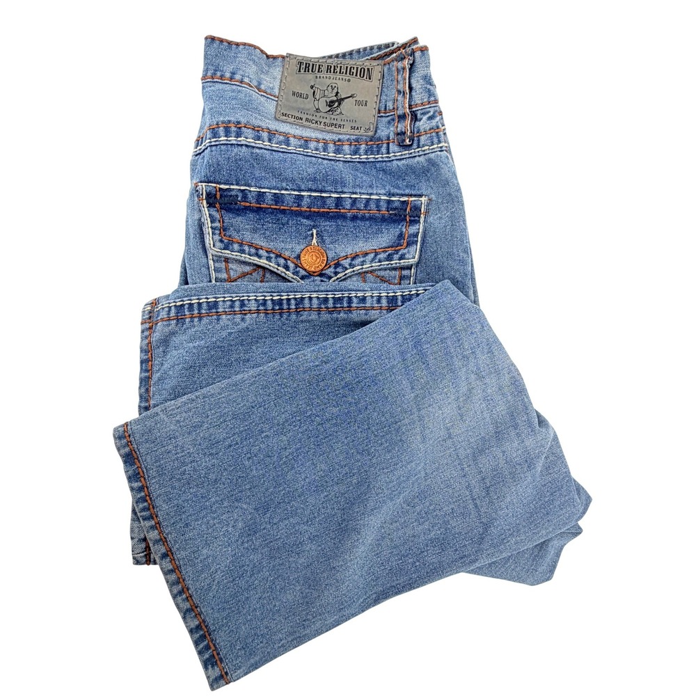 True Religion Ricky Super T Jeans Mens 40 Blue Good Altered Hem Straight Leg